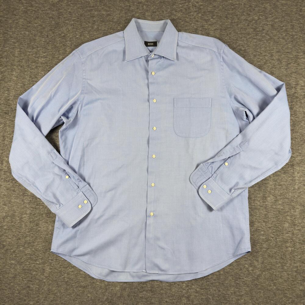 Hugo Boss Shirt Mens 16.5 Blue Texture BOSS Dress Button Down Long Sleeve Pocket